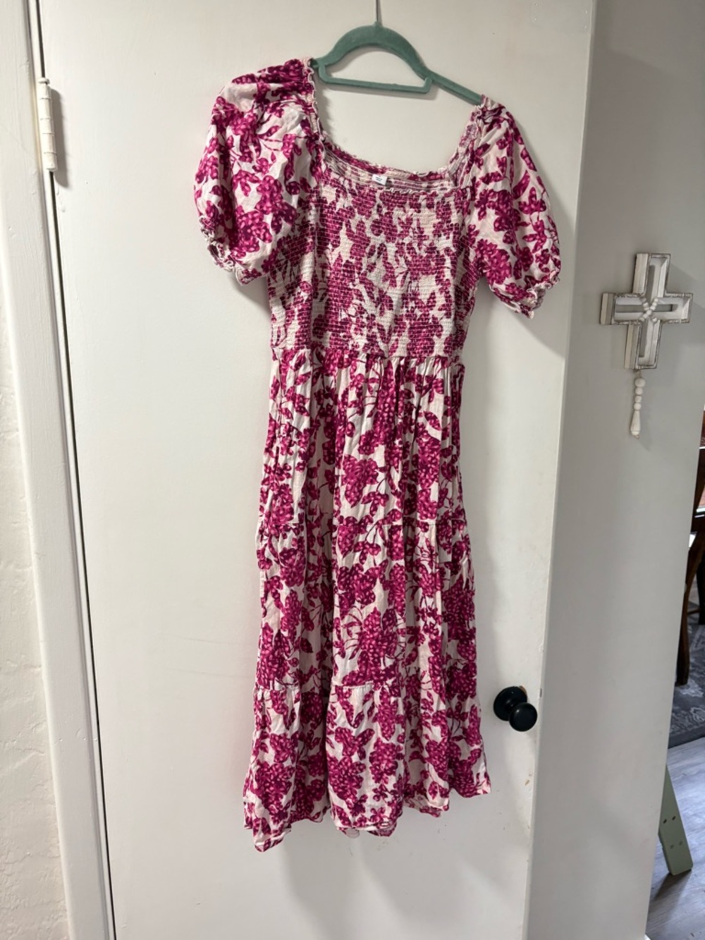 Old Navy Magenta and Cream Floral Smocked Midi Dress